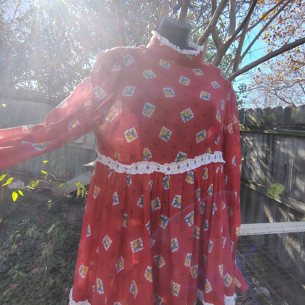 Red Floral Long Sleeve Dress with Lace Trim - Picture 3 of 5